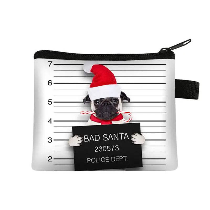 a small bag with a dog in a santa hat