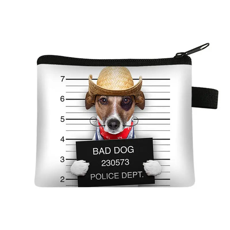a close up of a dog with a hat on a police dept bag
