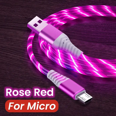 a close up of a pink usb cable connected to a micro usb cable