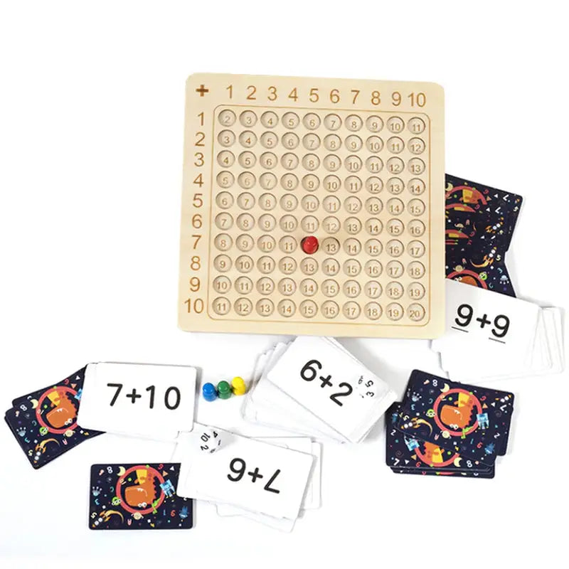 a wooden board game with space themed numbers and space themed dice