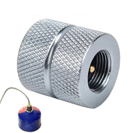 a stainless steel threaded fitting with a blue plastic cap