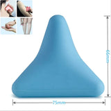 the blue triangle shaped pillow is shown with measurements