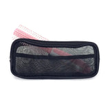 a black pencil case with a pink and white design