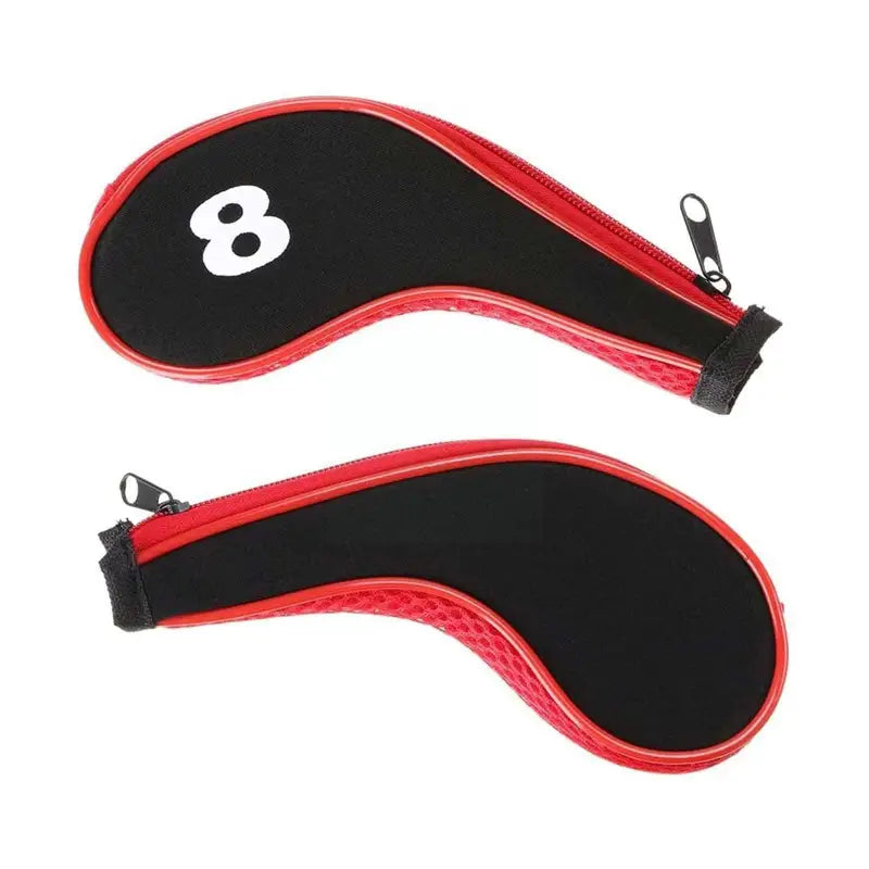 pair of red and black golf putters covers with numbers 8 and 8