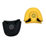 a yellow and black baseball cap with a smiley face