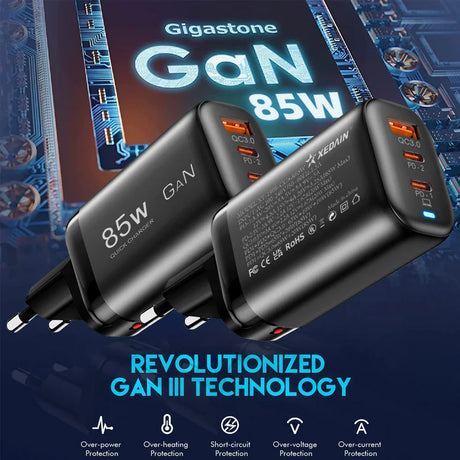 85W GaN charger with multiple USB ports and advanced protection features.