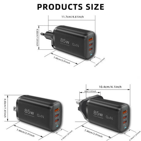 85W GaN charger with multiple USB ports shown from different angles with dimensions labeled.