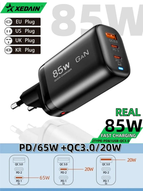 85W GaN fast charging adapter with multiple plug options and three USB ports.