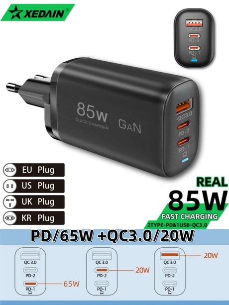 85W GaN fast charger with multiple USB ports for various plug types.