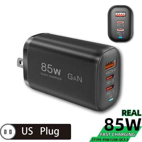 85W GaN quick charger with multiple USB ports and US plug.