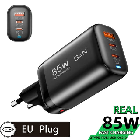 85W GaN quick charger with multiple USB ports and an EU plug.