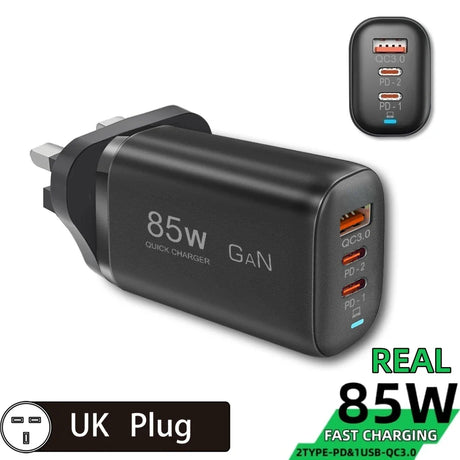 85W GaN quick charger with multiple USB ports and a UK plug.