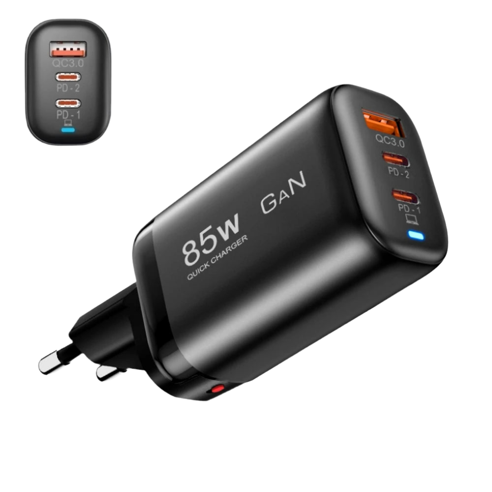 85W GaN quick charger with multiple USB ports.
