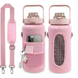 a pink water bottle with a strap and a cell phone holder