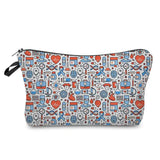 a white and red cosmetic bag with a pattern of medical icons