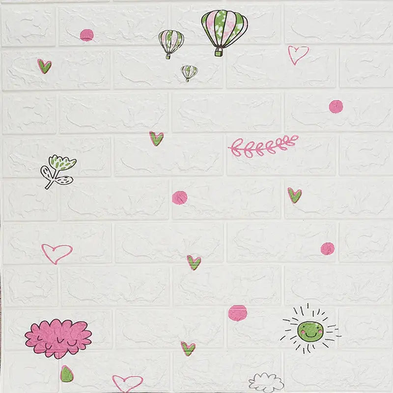 a white brick wall with pink and green flowers