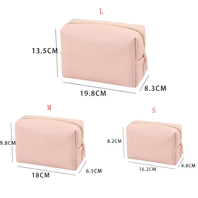 three pieces of pink makeup bag with measurements