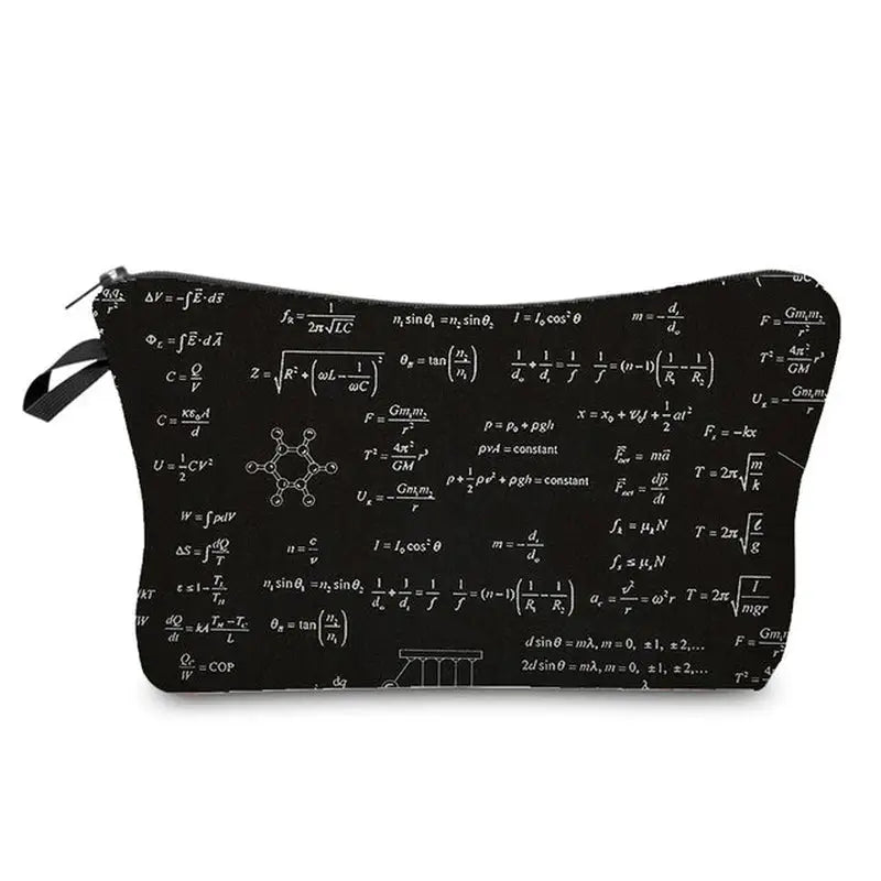a black pencil case with equations written on it
