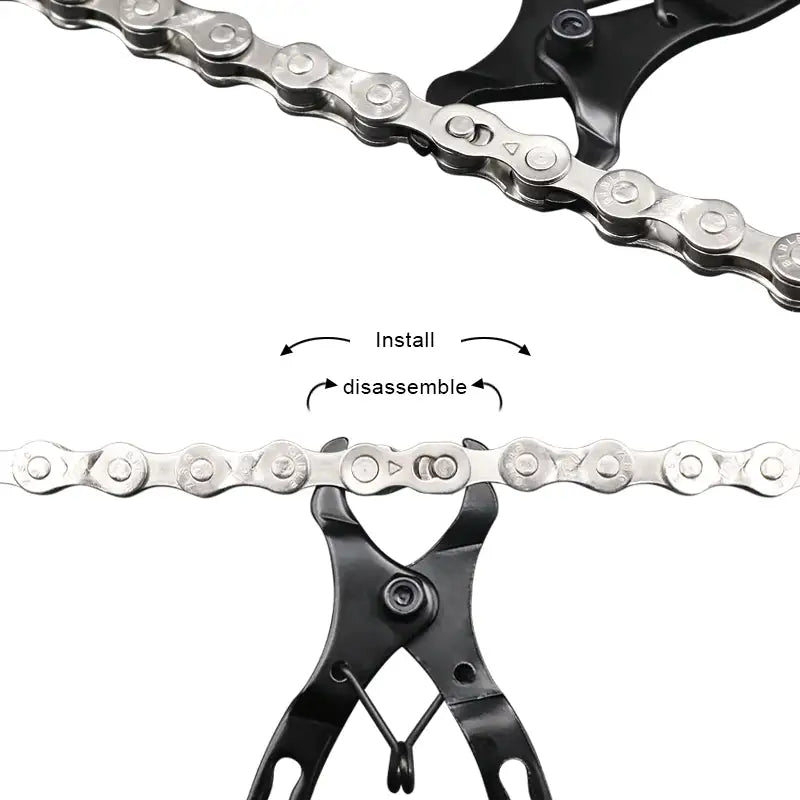 a close up of a chain with a pair of pliers attached to it