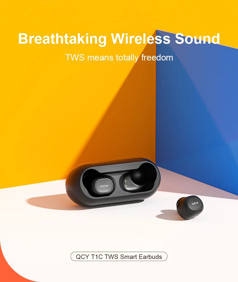 QCY T1C Wireless Bluetooth 5.0 Earphones - TWS Noise Cancelling HiFi Stereo Dynamic Earpods Earbuds Headphones