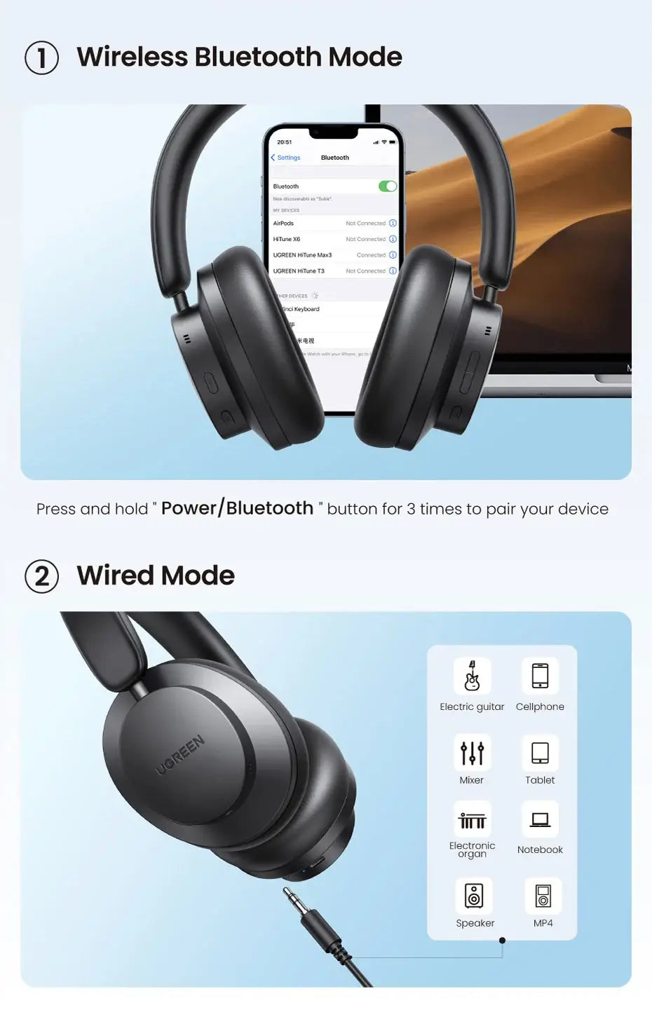 UGREEN HiTune Max3 Wireless Over Ear Bluetooth Headphones - ANC TWS