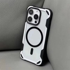 Clear and black protective phone case with MagSafe compatibility.