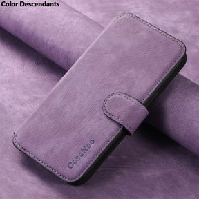 Purple faux leather wallet phone case with a magnetic clasp.