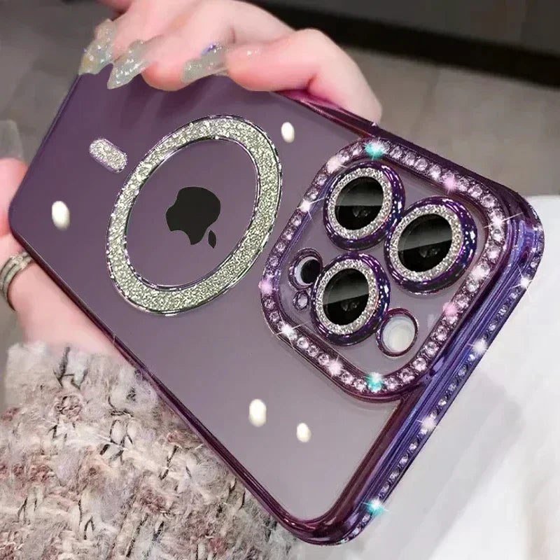 Luxury Glitter Bling MagSafe Case with Crystal LensFor iPhone 15 16 11 12 13 14 Pro Max 16 Plus Magnetic Wireless Charging Clear Cover