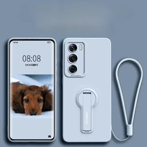 A light blue smartphone with a matching case featuring a camera module and a kickstand.