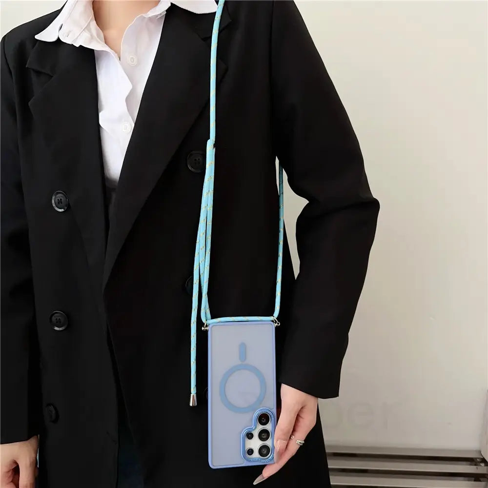 Luxury Matte Wireless Charge Lens Protect Case with Strap For Sasmung
