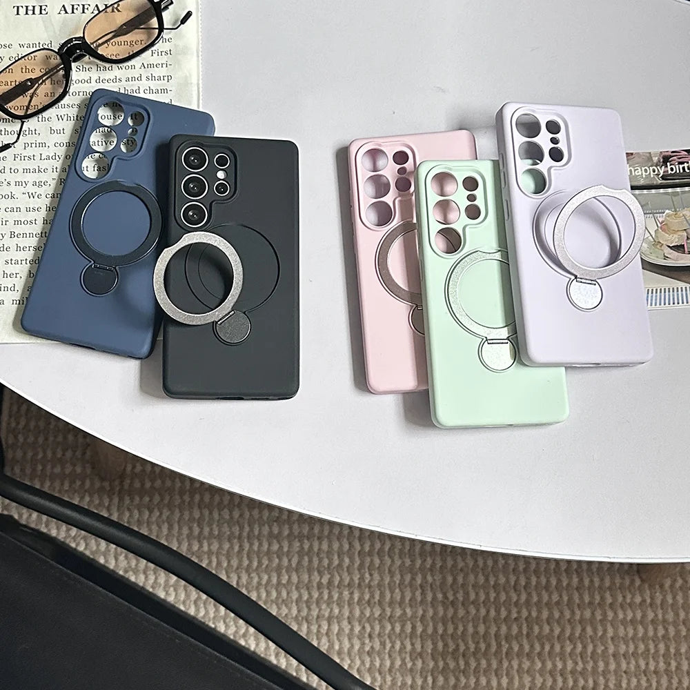 Shockproof Silicone Magnetic Charge Lens Protect Case with Ring Holder For Samsung Galaxy S25 S23 S24 Ultra Plus