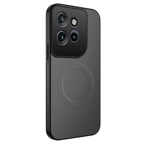A black smartphone case with a carbon fiber texture and a prominent camera module cutout.