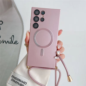 Pink smartphone case with a magnetic ring and a lanyard.