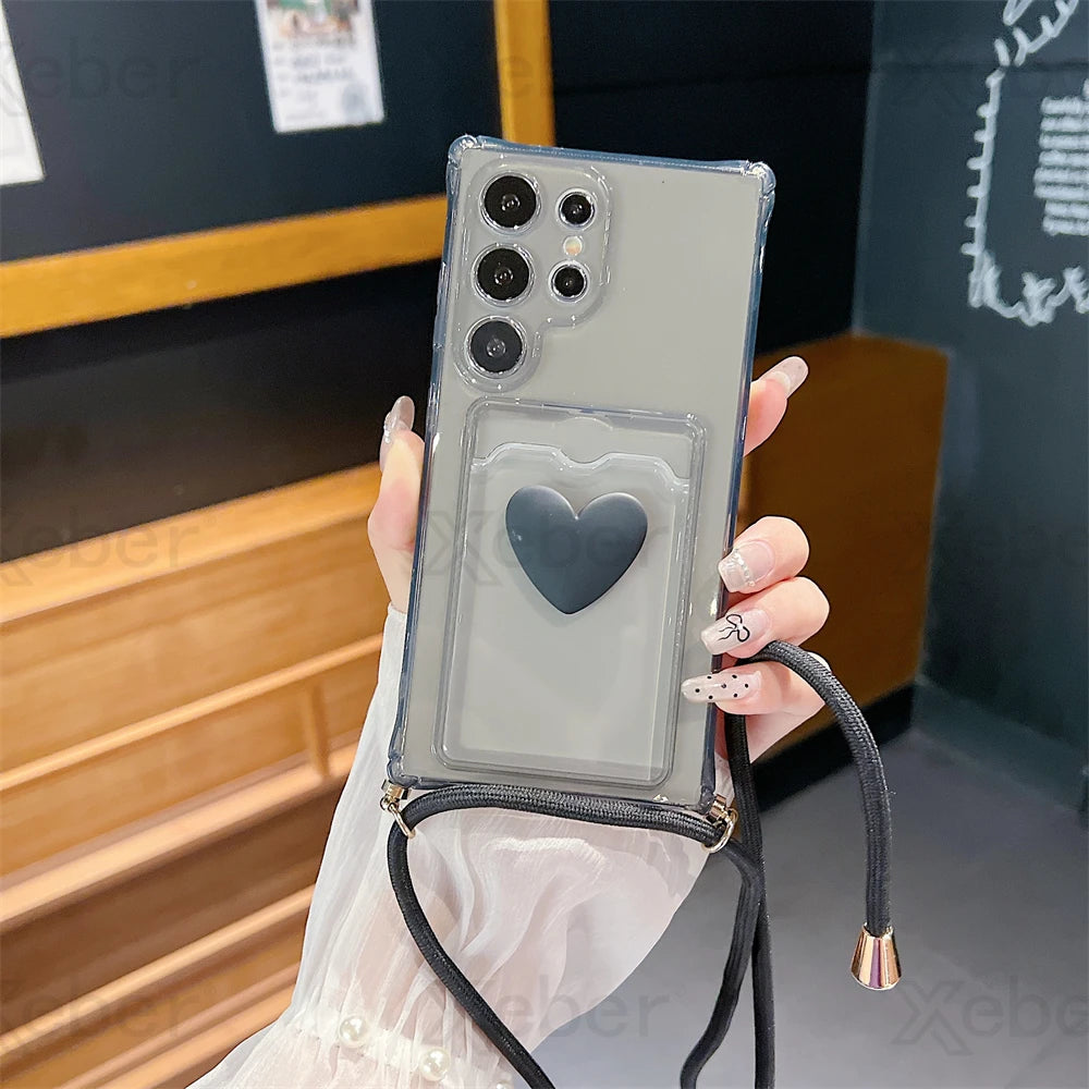 Shockproof Love Heart Card Holder Wallet Case with Shoulder Strap For Samsung S24 S23 S22 S21 Ultra FE A55 A54 A53 A35 5G