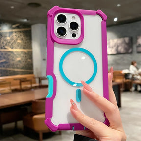 A transparent phone case with a vibrant magenta frame and a teal MagSafe ring.