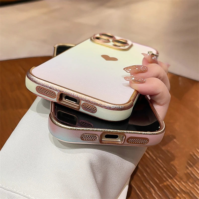 Luxury Plating Heart Design Lens Protect Case For iPhone 16 12 13 14 15 11 Pro Max Plus