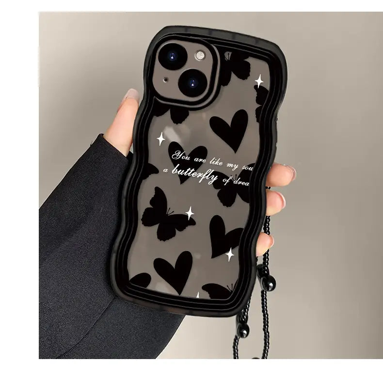 Koreanische süße Welle schwarz Schmetterling Liebe Herz Hang Chain Soft Case für