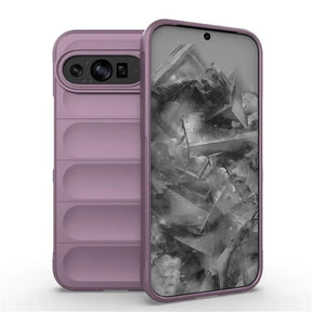 Lavender smartphone in a protective case with a camera bar and a screen displaying abstract gray shapes.