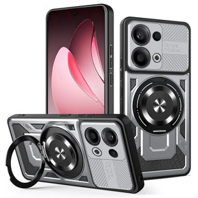 A set of black and silver rugged phone cases with a rotating ring holder and camera protection, designed for a smartphone with a display showing pink and white abstract shapes.
