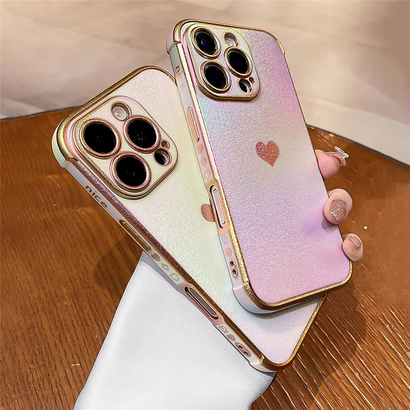 Luxury Plating Heart Design Lens Protect Case For iPhone 16 12 13 14 15 11 Pro Max Plus