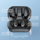 Black wireless earbuds in charging case.