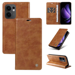 A brown, textured leather-look phone case with card slots and a kickstand function.