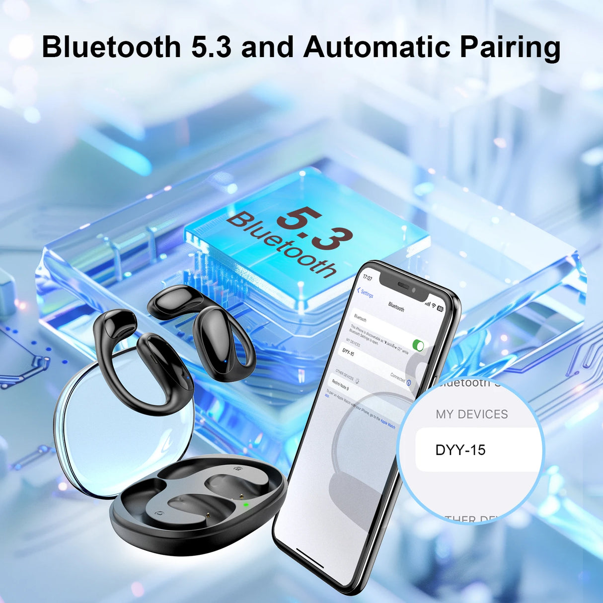 Black bone conduction headphones with charging case and smartphone.