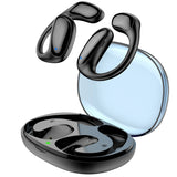 Black open-ear earbuds with charging case.