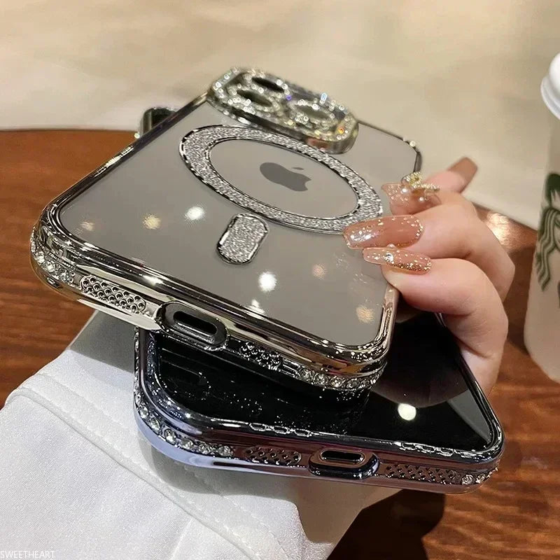 Luxury MagSafe Bling Glitter Case with Crystal Lens for iPhone 16 15 14 13 12 11 Pro Max Plus Wireless Charge Cover