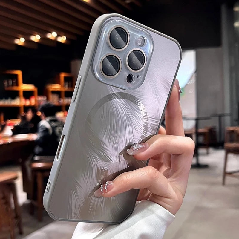 Luxury MagSafe Aurora Feather Finish Lens Protect Case For iPhone 16 15 14 13 12 Pro Max Plus