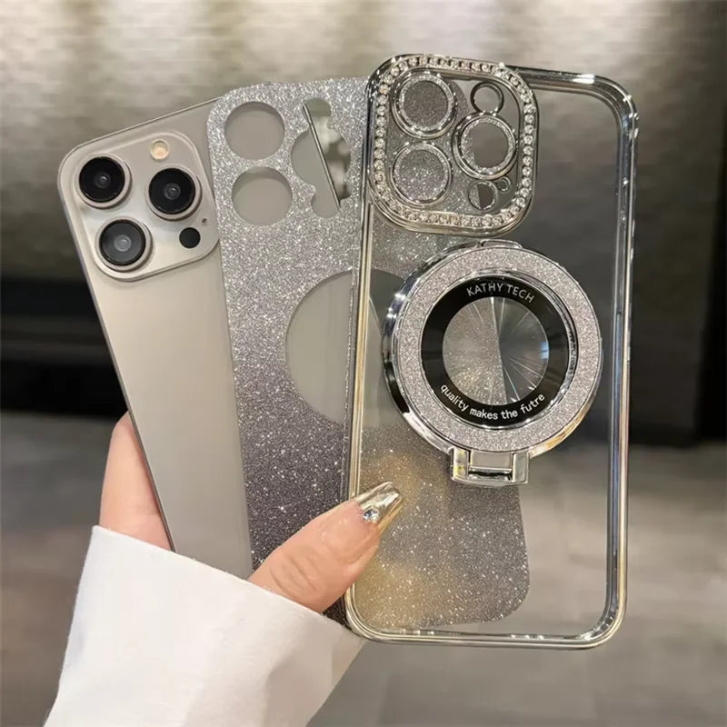 Luxury MagSafe Glitter Bling Plating Case with Ring Holder Stand For iPhone 16 ProMax 15 11 12 13 14 Plus Diamond Wireless Charge Silicone Cover