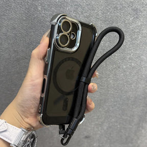 Clear iPhone case with chrome accents and a black braided wrist strap.