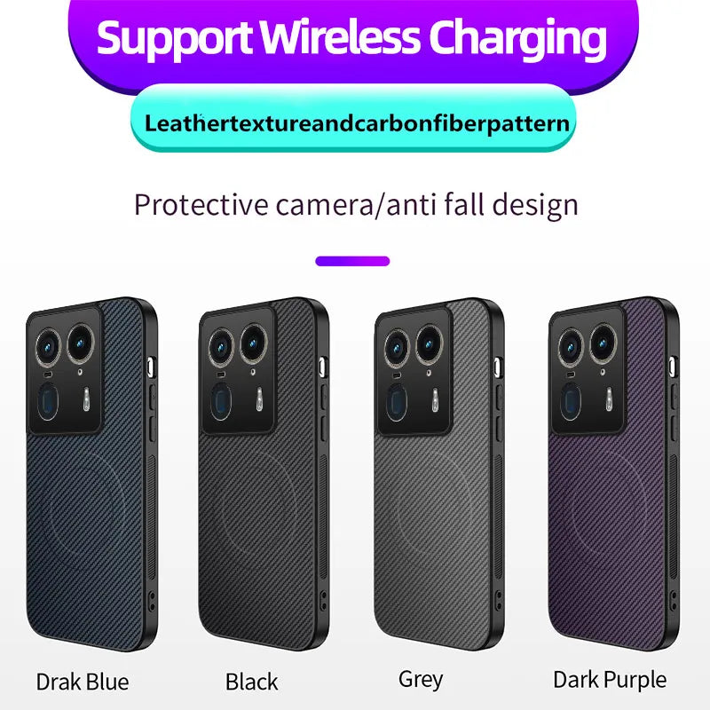 Four smartphone cases in different colors with a carbon fiber pattern and MagSafe-compatible ring.
