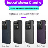 Four smartphone cases in different colors with a carbon fiber pattern and MagSafe-compatible ring.